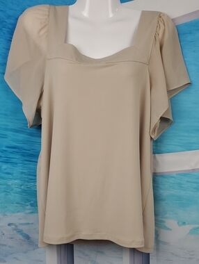 Calvin Klein Taupe Square-Neck Flutter Sleeve Top